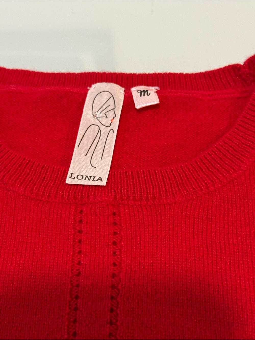 LONIA 100% Cashmere Red Short Sleeve Pointelle Center Crewneck Knit Sweater M - Picture 3 of 8